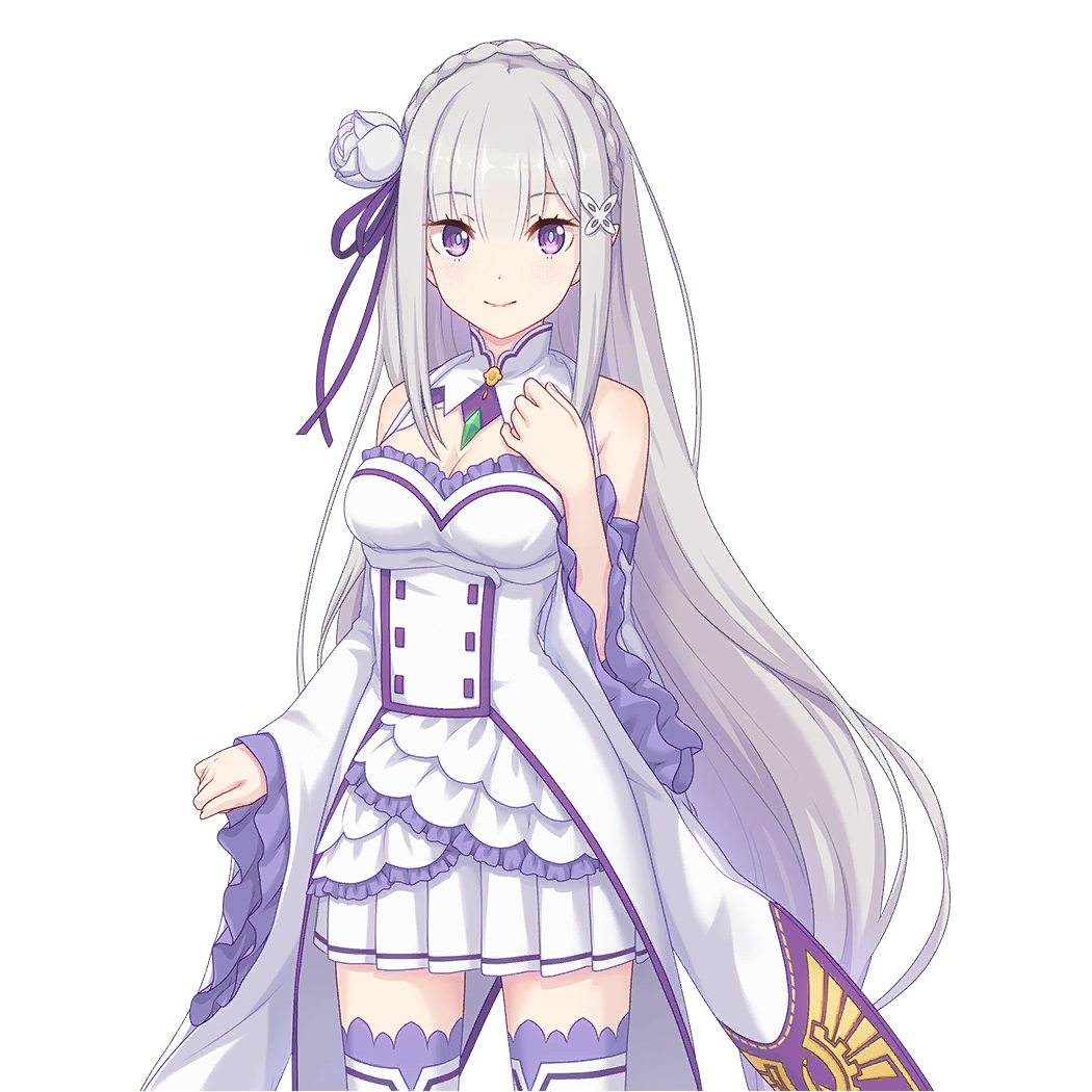 Se muestra un personaje de la serie, Emilia, una chica con cabello plateado, con un vestido blanco con detalles morados